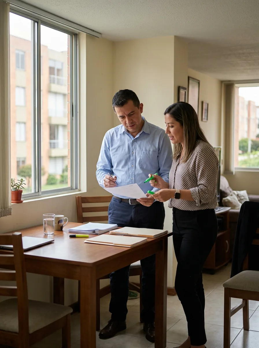 Dos asesores revisando documentos de cobro con un propietario